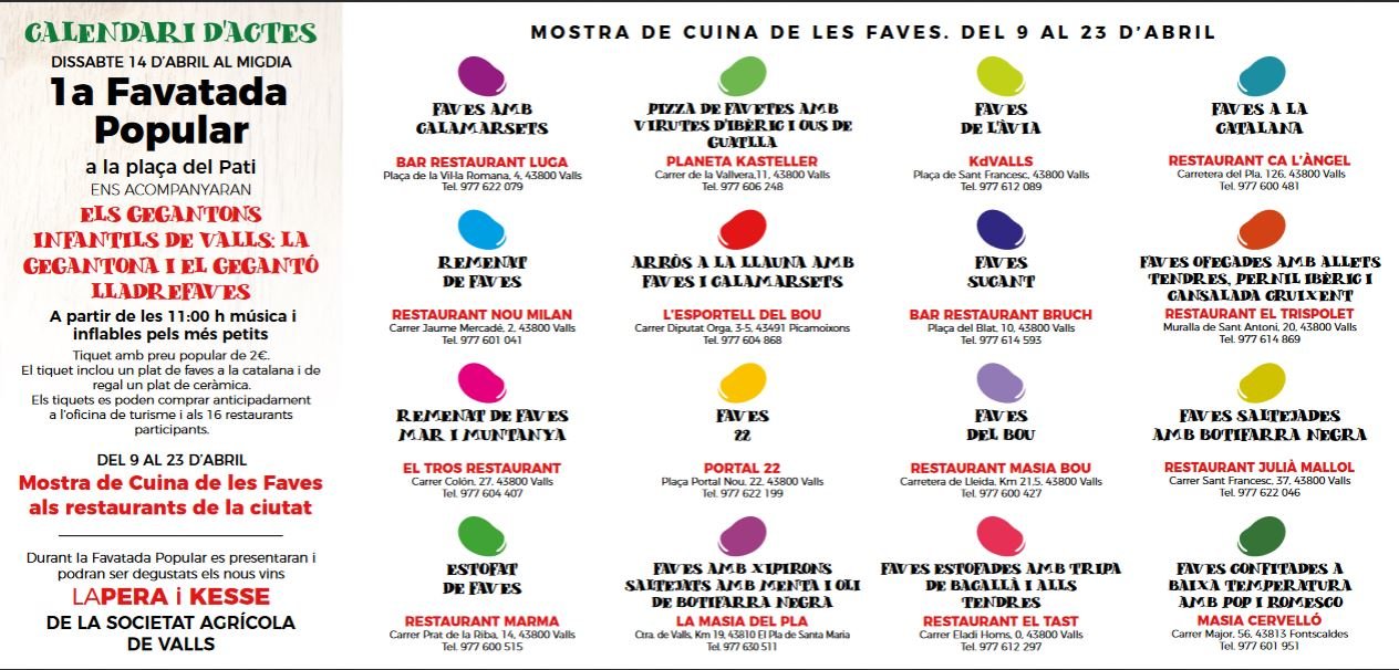 Valls organitza la primera Favatada Popular i una Mostra de Cuina de Faves als restaurants de la ciutat
